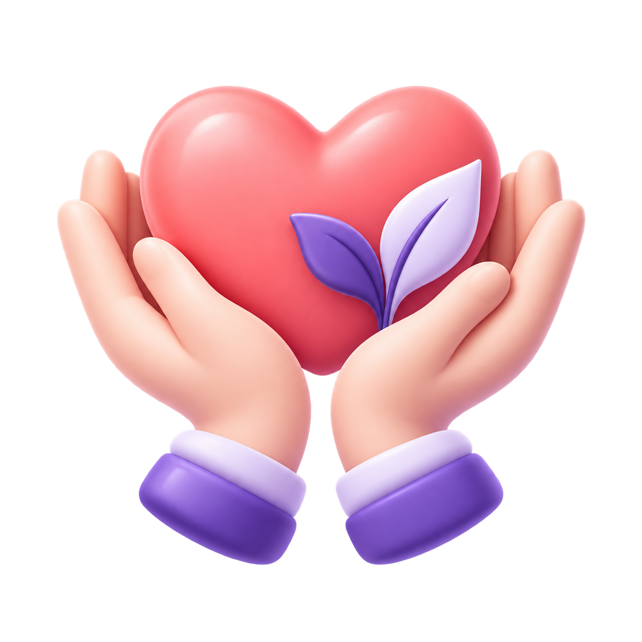 Manos de apoyo con corazón y hoja representando empatía y acompañamiento