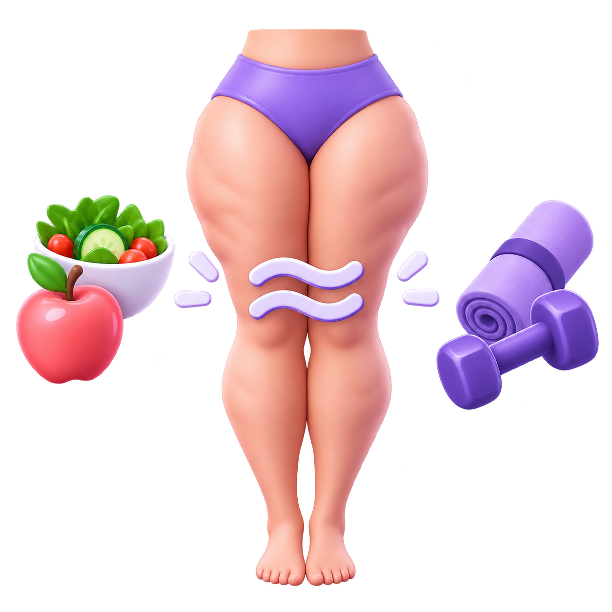 Ilustración de silueta de piernas, alimentación y ejercicio en el contexto del Lipedema